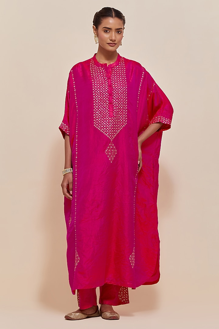 Fuchsia Silk Sequins Hand Embroidered Kaftan Set by Kora at Pernia's Pop Up Shop