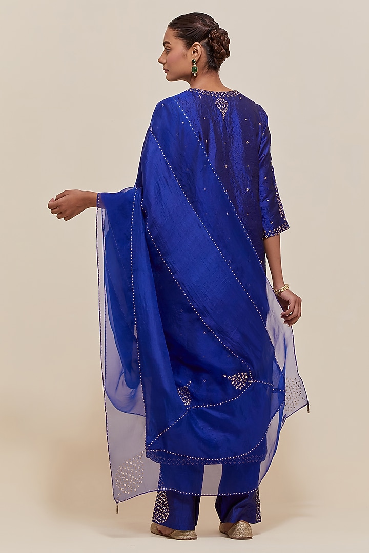 Blue Silk Sequins Hand Embroidered Kurta Set by Kora at Pernia's Pop Up Shop