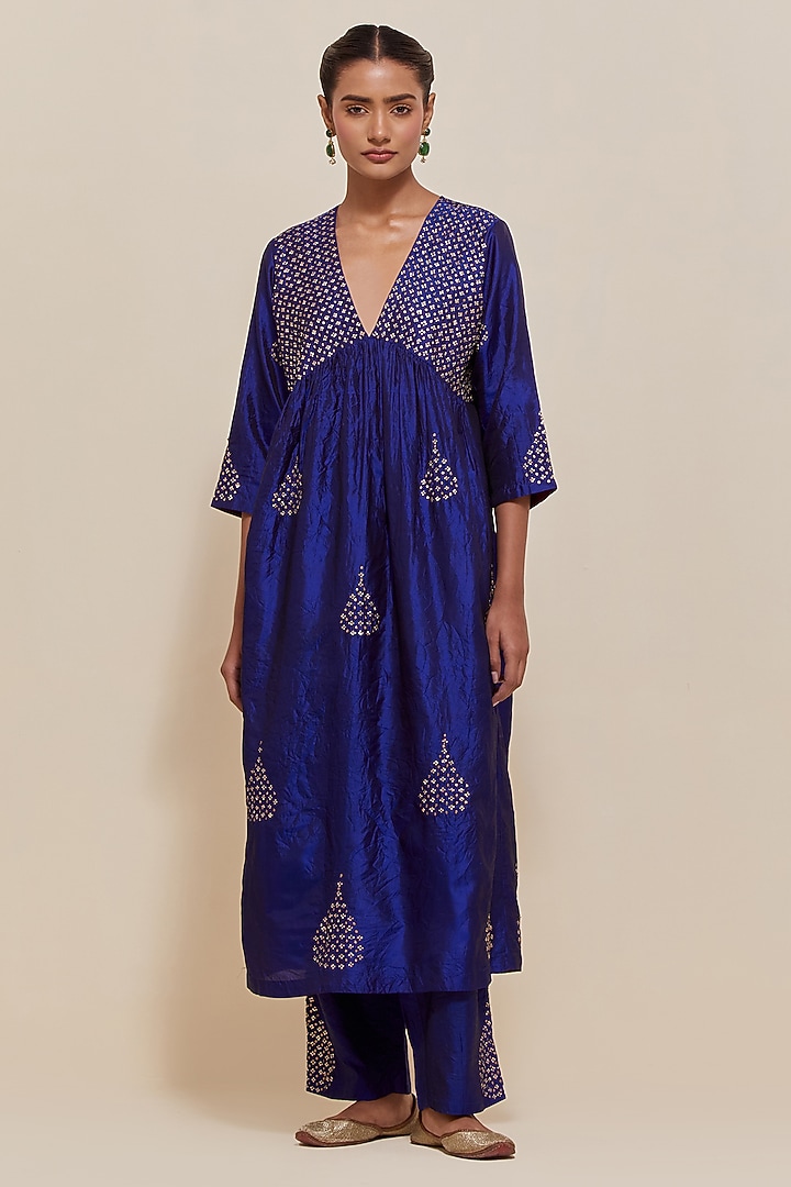 Blue Silk Sequins Hand Embroidered Kurta Set by Kora at Pernia's Pop Up Shop