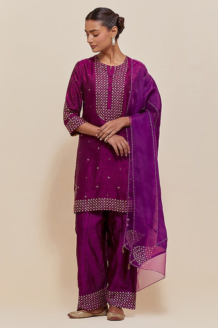 Purple Silk Sequins Hand Embroidered Straight Short Kurta Set by Kora at Pernia's Pop Up Shop