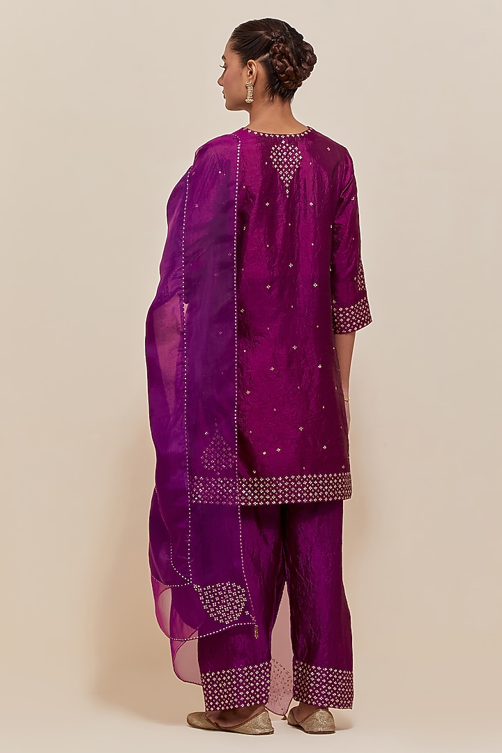 Purple Silk Sequins Hand Embroidered Straight Short Kurta Set by Kora at Pernia's Pop Up Shop