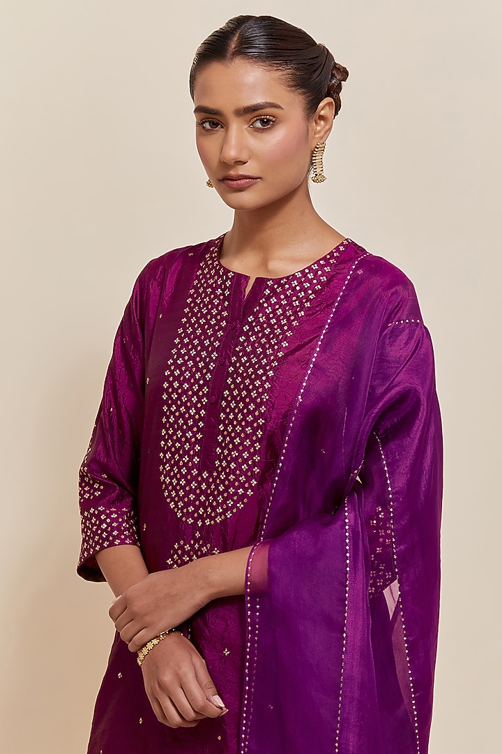 Purple Silk Sequins Hand Embroidered Straight Short Kurta Set by Kora at Pernia's Pop Up Shop