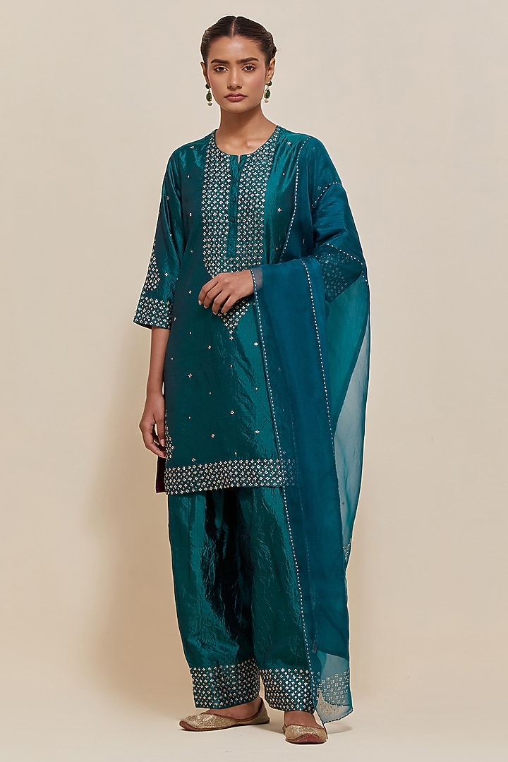 Teal Green Silk Sequins Hand Embroidered Straight Short Kurta Set by Kora at Pernia's Pop Up Shop