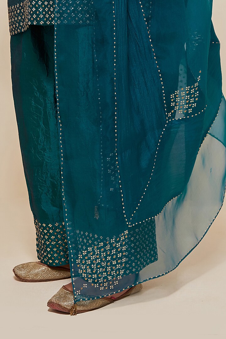 Teal Green Silk Sequins Hand Embroidered Straight Short Kurta Set by Kora at Pernia's Pop Up Shop