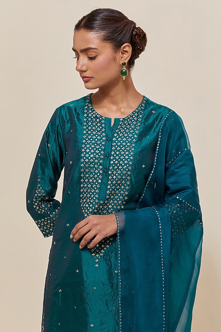 Teal Green Silk Sequins Hand Embroidered Straight Short Kurta Set by Kora at Pernia's Pop Up Shop