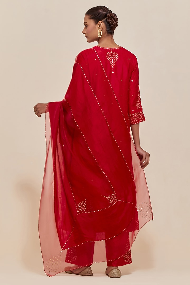 Red Silk Sequins Hand Embroidered Straight Kurta Set by Kora at Pernia's Pop Up Shop