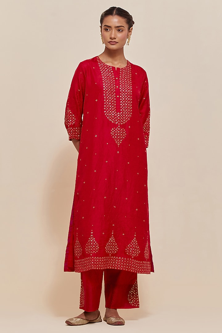 Red Silk Sequins Hand Embroidered Straight Kurta Set by Kora at Pernia's Pop Up Shop