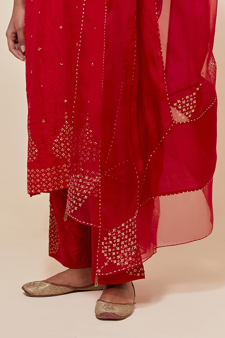 Red Silk Sequins Hand Embroidered Straight Kurta Set by Kora at Pernia's Pop Up Shop