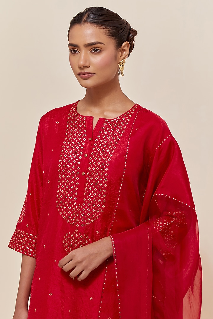 Red Silk Sequins Hand Embroidered Straight Kurta Set by Kora at Pernia's Pop Up Shop