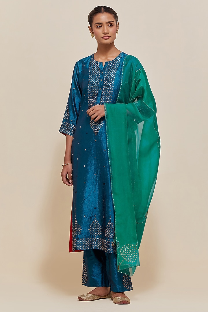 Teal Silk Sequins Hand Embroidered Straight Kurta Set by Kora at Pernia's Pop Up Shop