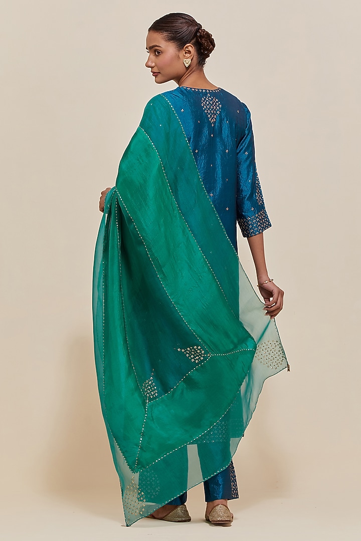 Teal Silk Sequins Hand Embroidered Straight Kurta Set by Kora at Pernia's Pop Up Shop