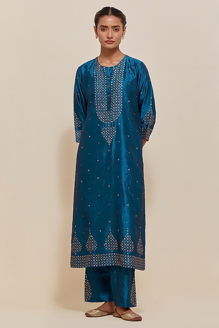 Teal Silk Sequins Hand Embroidered Straight Kurta Set by Kora at Pernia's Pop Up Shop