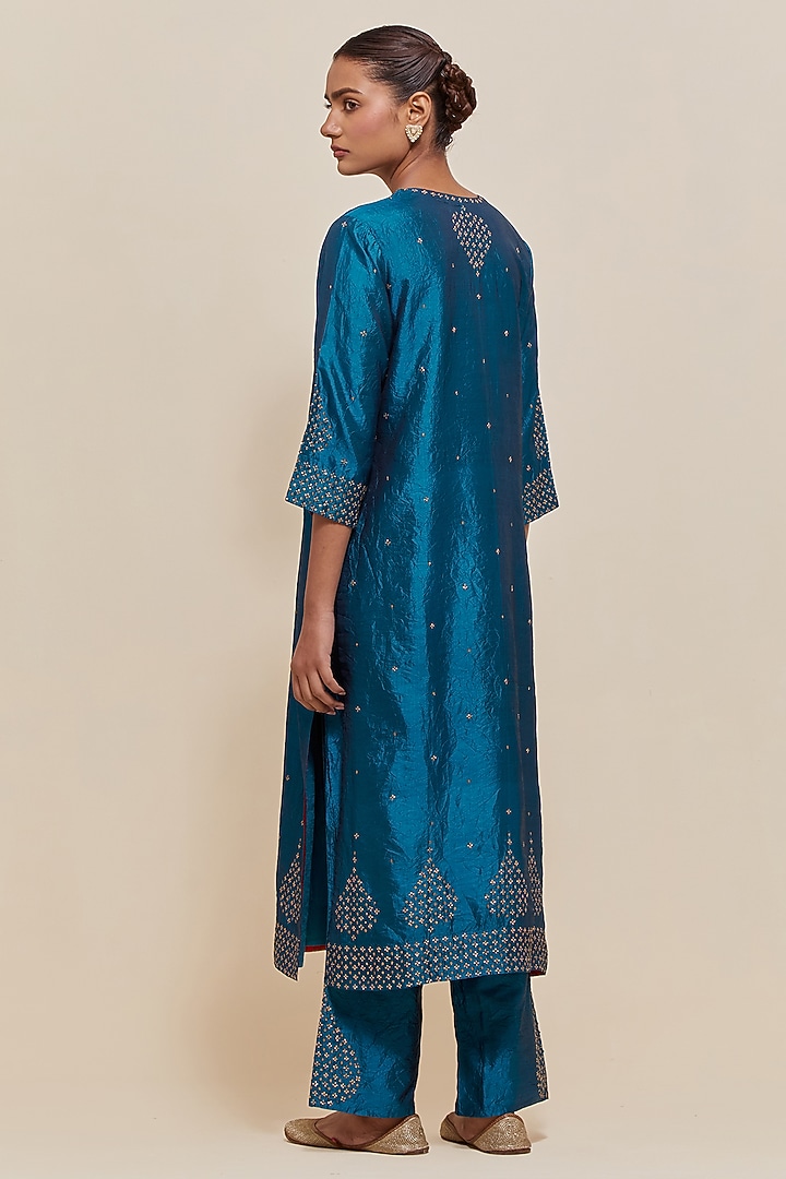 Teal Silk Sequins Hand Embroidered Straight Kurta Set by Kora at Pernia's Pop Up Shop