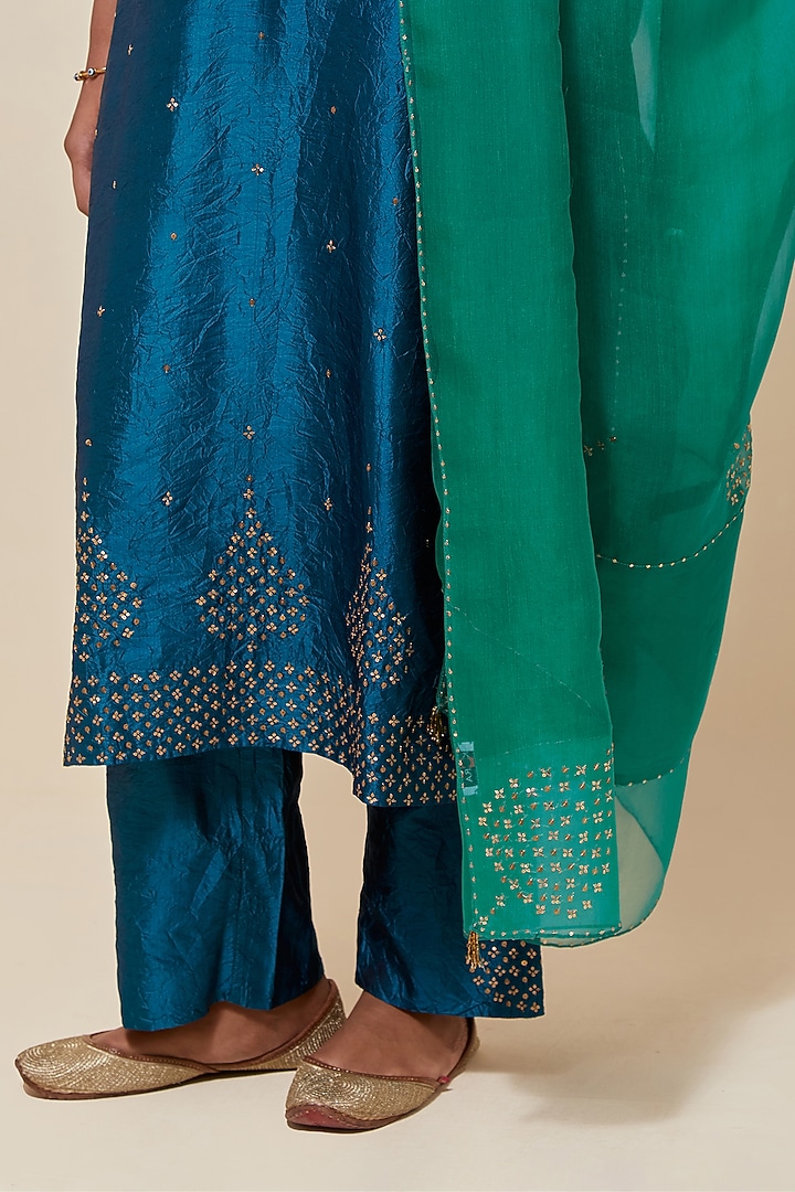 Teal Silk Sequins Hand Embroidered Straight Kurta Set by Kora at Pernia's Pop Up Shop