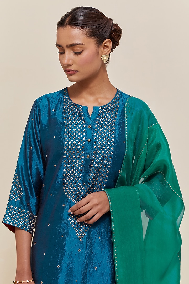 Teal Silk Sequins Hand Embroidered Straight Kurta Set by Kora at Pernia's Pop Up Shop