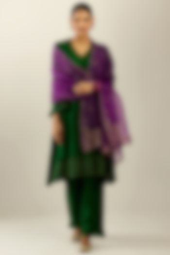 Dark Green Silk Short Kurta Set by Kora at Pernia's Pop Up Shop