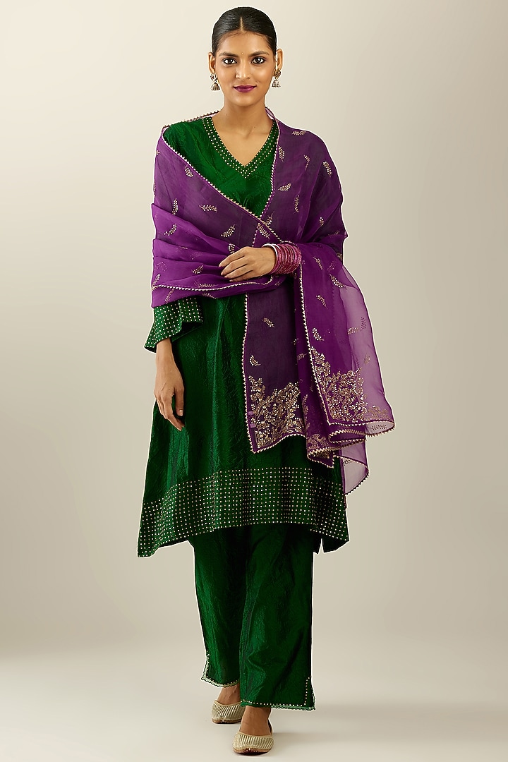 Dark Green Silk Short Kurta Set by Kora at Pernia's Pop Up Shop