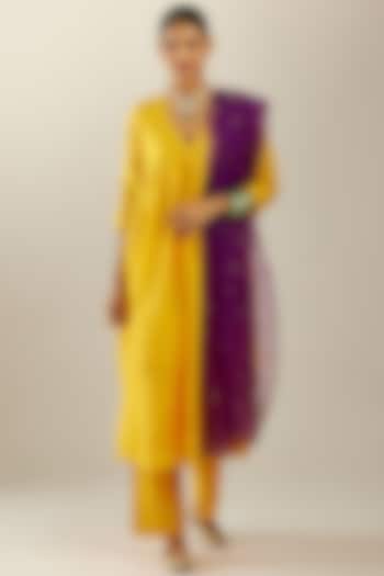 Deep Yellow Silk Kurta Set by Kora at Pernia's Pop Up Shop