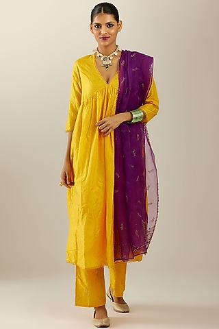 Deep Yellow Silk Kurta Set by Kora