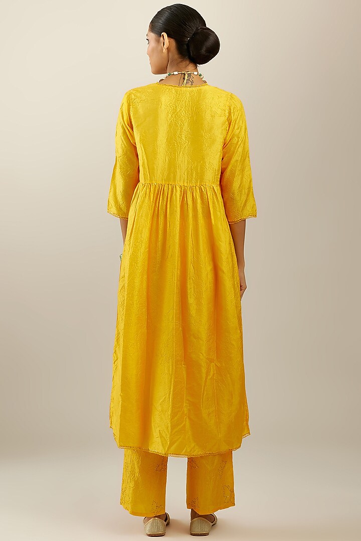 Deep Yellow Silk Kurta Set by Kora at Pernia's Pop Up Shop