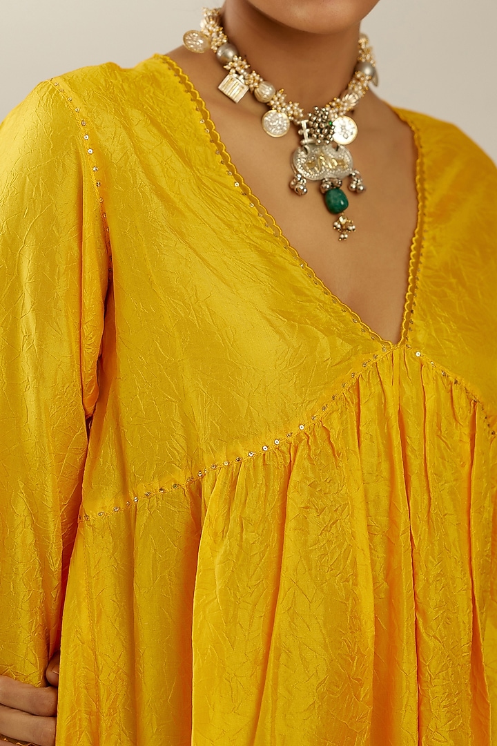 Deep Yellow Silk Kurta Set by Kora at Pernia's Pop Up Shop