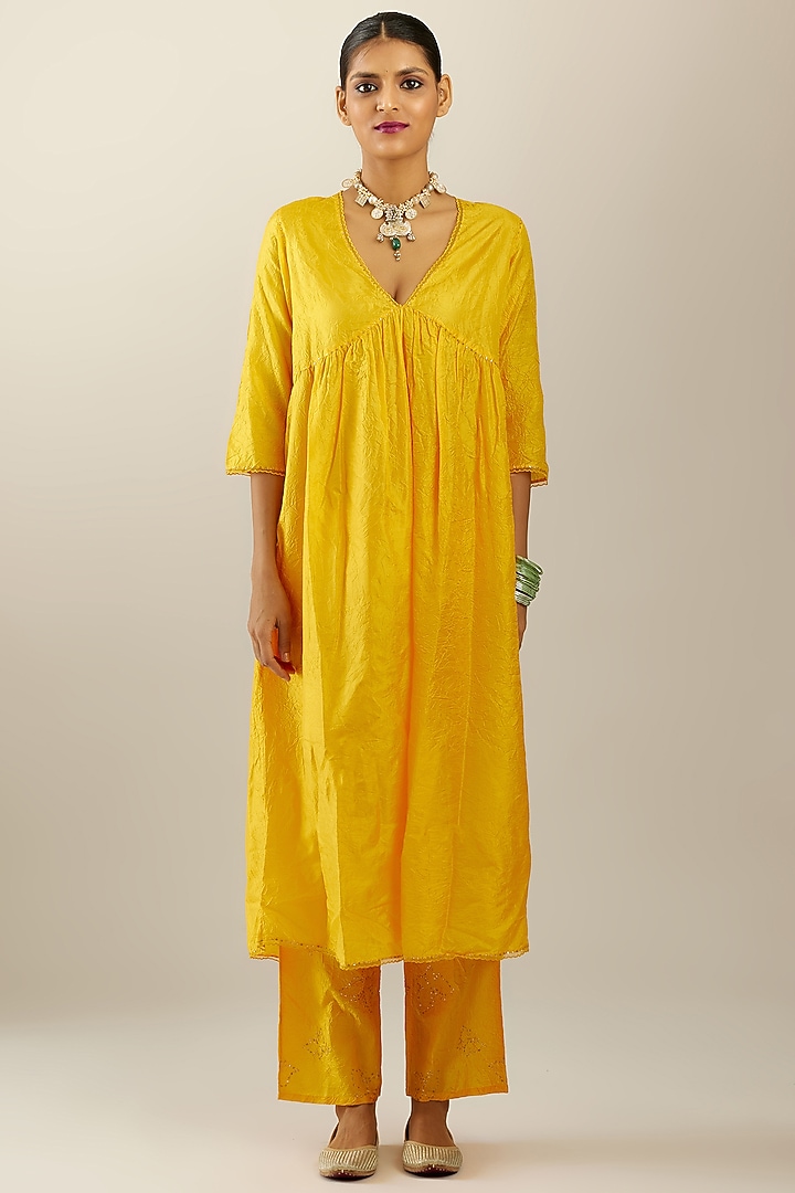 Deep Yellow Silk Kurta Set by Kora at Pernia's Pop Up Shop