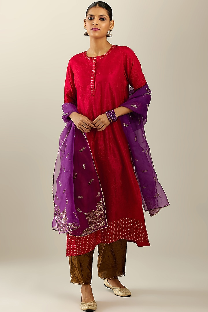 Red Silk Straight Kurta Set by Kora