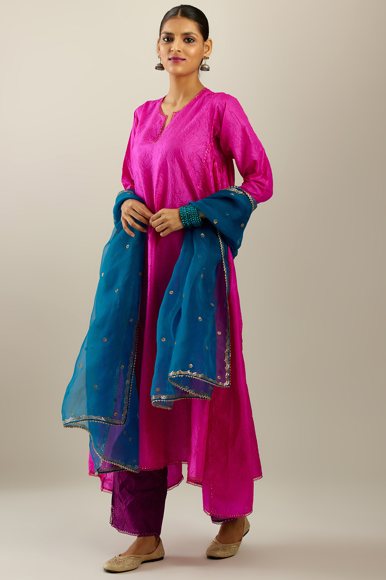 Fiji Fuchsia Silk Asymmetric Kurta Set by Kora at Pernia's Pop Up Shop