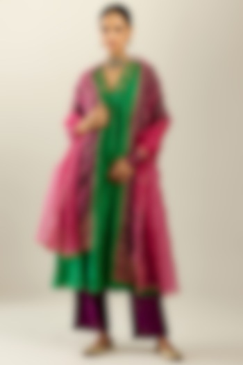 Grass Green Silk Hand-Crushed Kurta Set by Kora