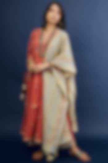 Brick Red Embroidered Handspun Long Kurta Set by Kora at Pernia's Pop Up Shop