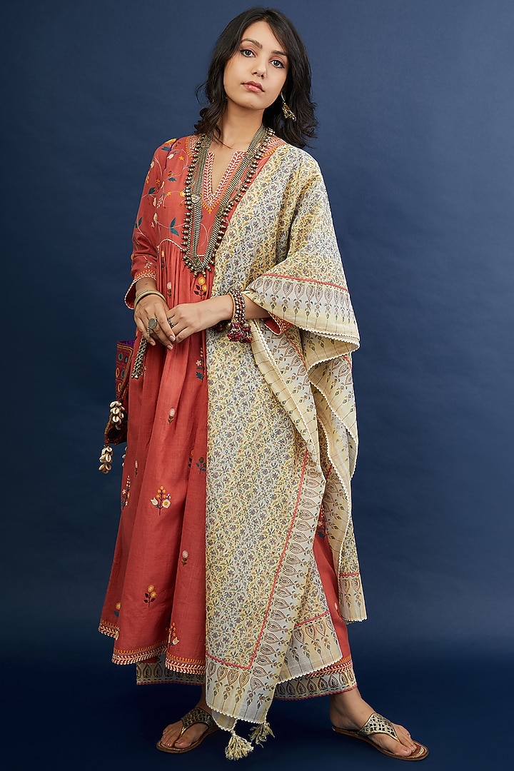 Brick Red Embroidered Handspun Long Kurta Set by Kora at Pernia's Pop Up Shop