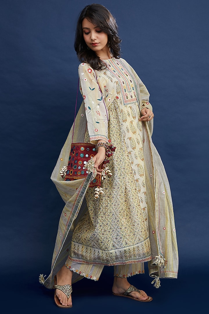 Beige Kurta Set With Embroidery by Kora at Pernia's Pop Up Shop