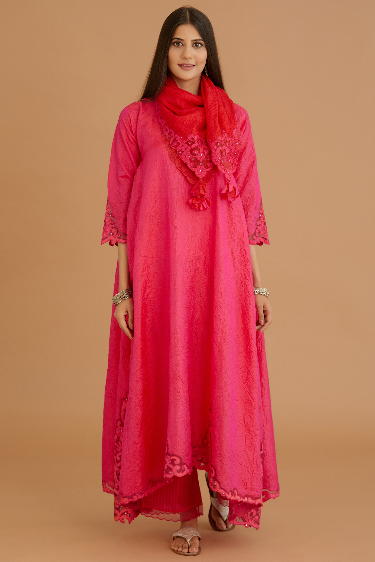 Fuchsia Hand Embroidered Asymmetrical Kurta Set by Kora at Pernia's Pop Up Shop