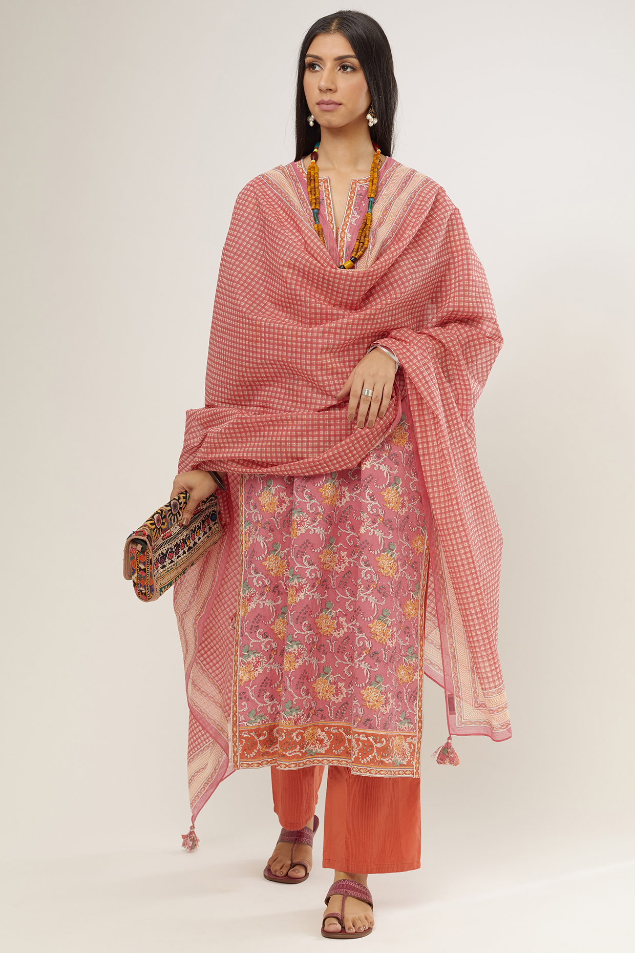 Pink Hand Block Printed Kurta Set by Kora