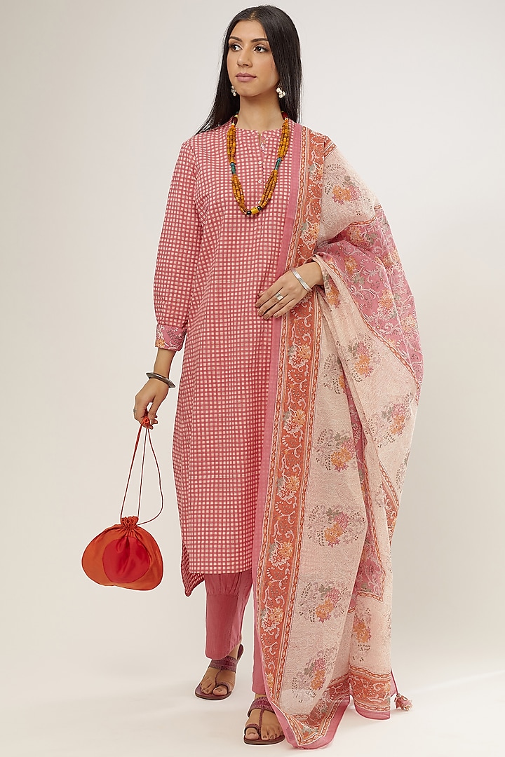 Pink Hand Block Printed Straight Kurta Set by Kora