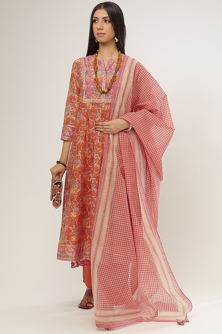 Rust Straight Kurta With Hand Block Print by Kora