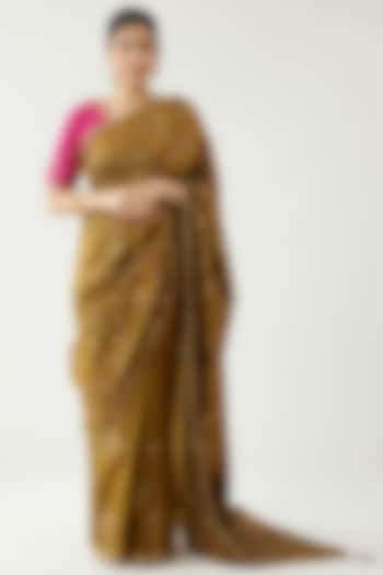 Golden Olive Silk Thread Embroidered Wedding Saree Set by Kora at Pernia's Pop Up Shop