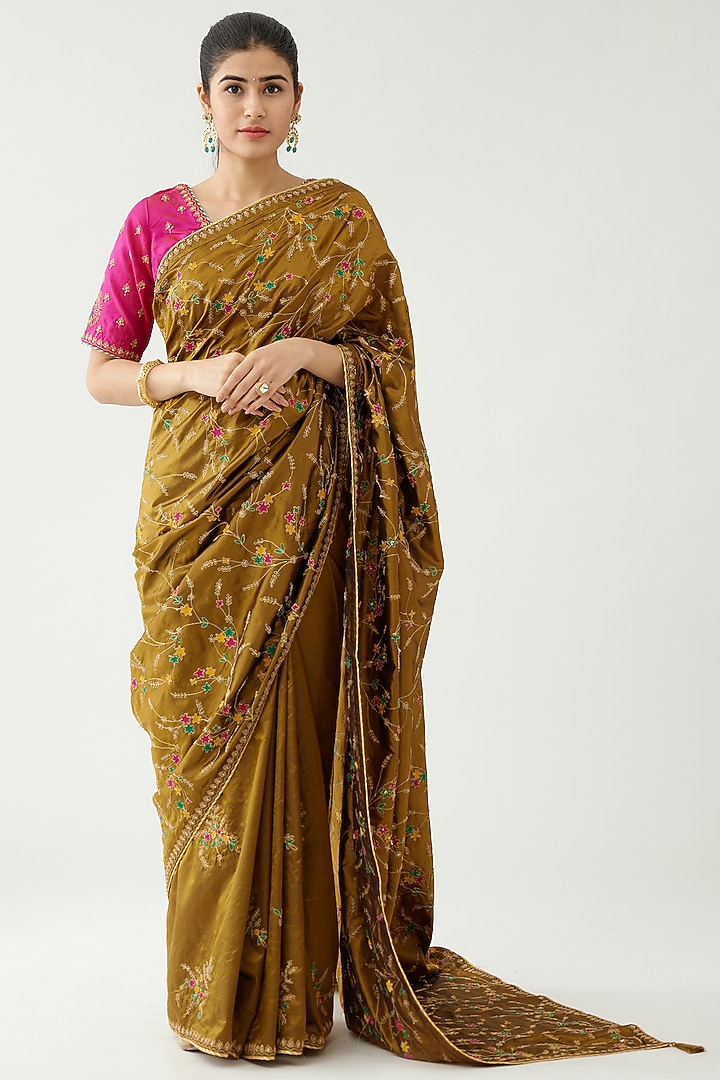 Golden Olive Silk Thread Embroidered Wedding Saree Set by Kora at Pernia's Pop Up Shop