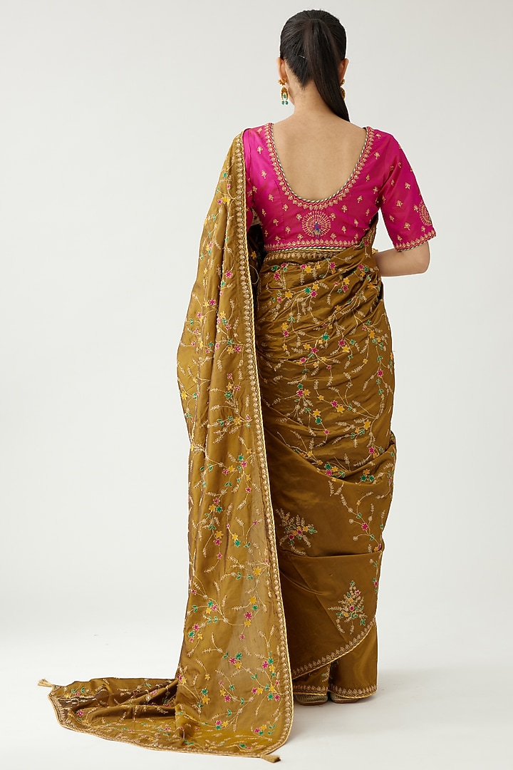 Golden Olive Silk Thread Embroidered Wedding Saree Set by Kora at Pernia's Pop Up Shop