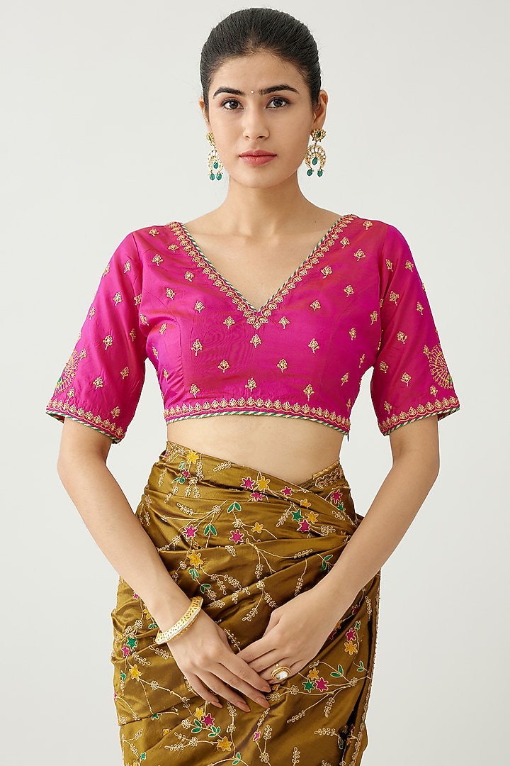 Golden Olive Silk Thread Embroidered Wedding Saree Set by Kora at Pernia's Pop Up Shop