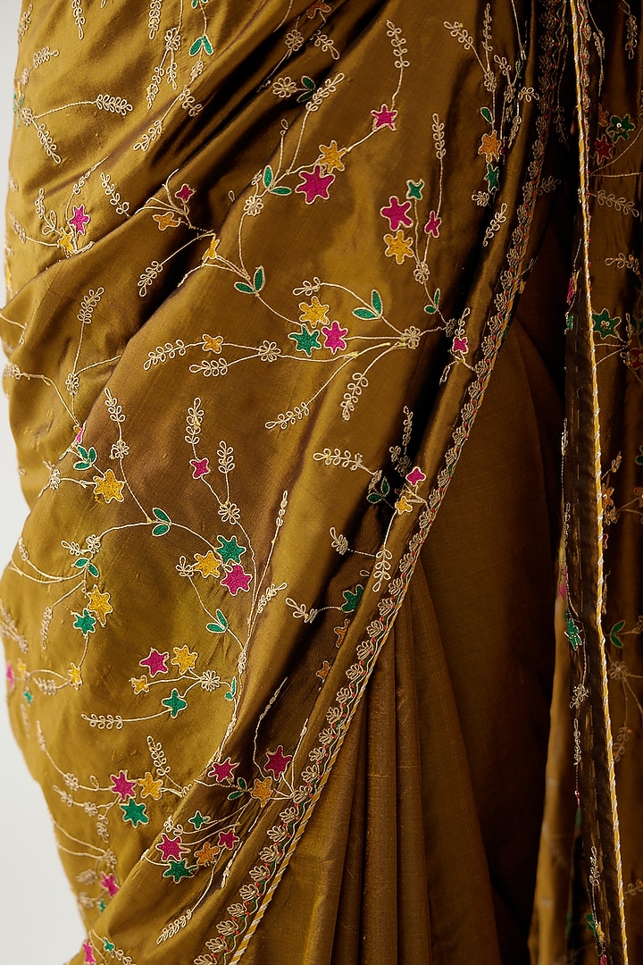 Golden Olive Silk Thread Embroidered Wedding Saree Set by Kora at Pernia's Pop Up Shop