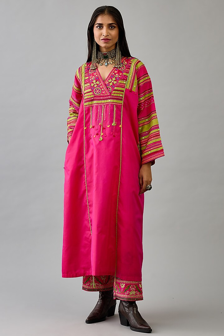 Fuchsia Silk Patchwork Kaftan Set by Kora at Pernia's Pop Up Shop