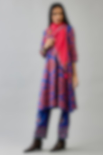 Blue Silk Embroidered A-Line Kurta Set by Kora at Pernia's Pop Up Shop