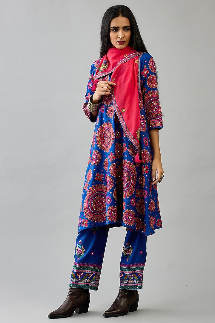 Blue Silk Embroidered A-Line Kurta Set by Kora at Pernia's Pop Up Shop