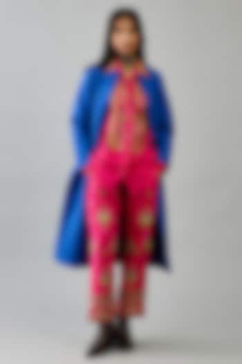Blue Silk Quilted Front-Open Jacket Set by Kora at Pernia's Pop Up Shop