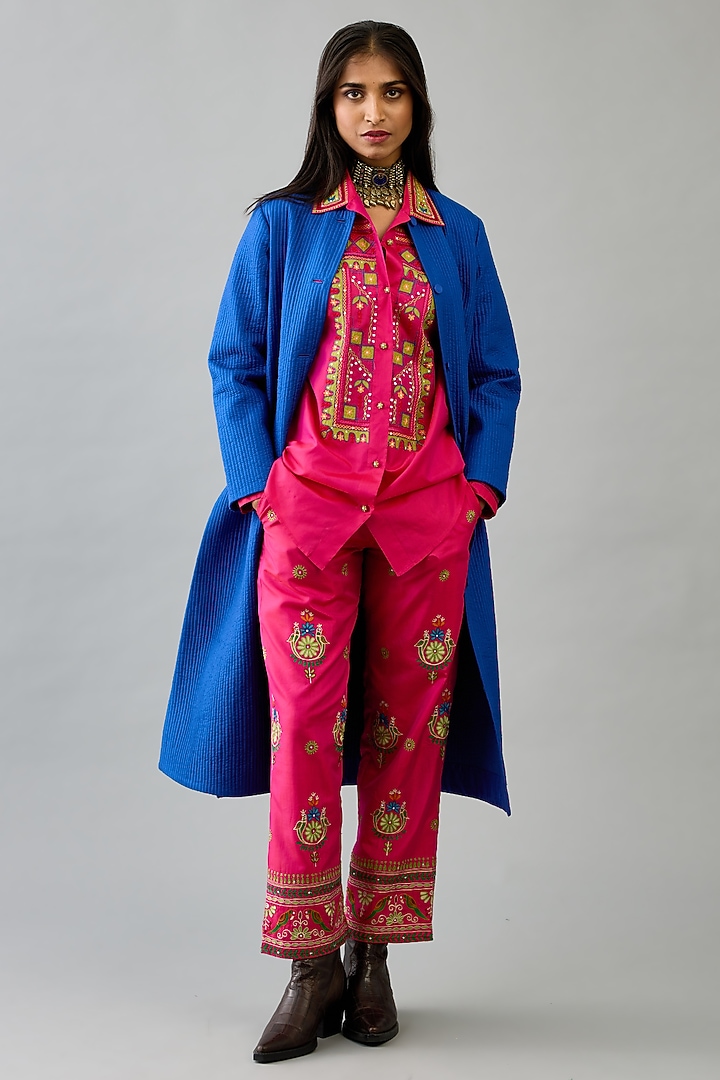 Blue Silk Quilted Front-Open Jacket Set by Kora at Pernia's Pop Up Shop