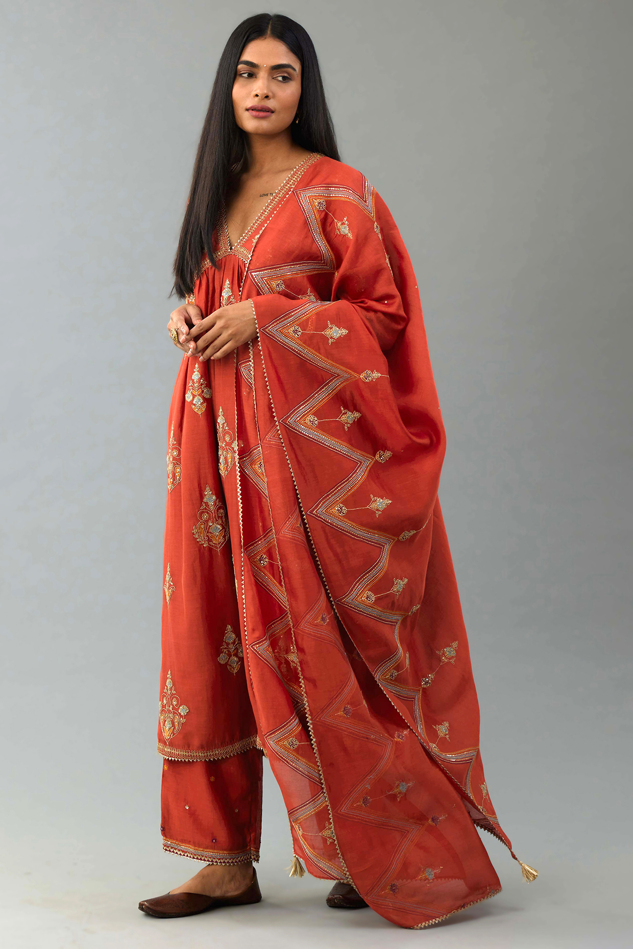 Rust Silk Chanderi Sequins Embroidered Kurta Set by Kora at Pernia's Pop Up Shop