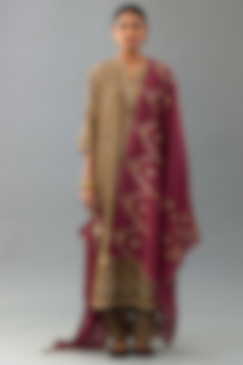 Taupe Silk Chanderi Sequins Embroidered Straight Kurta Set by Kora at Pernia's Pop Up Shop