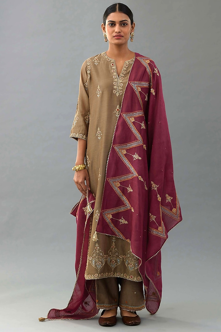 Taupe Silk Chanderi Sequins Embroidered Straight Kurta Set by Kora at Pernia's Pop Up Shop