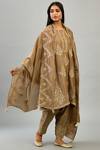 Taupe Silk Chanderi Sequins Embroidered Short Kurta Set by Kora
